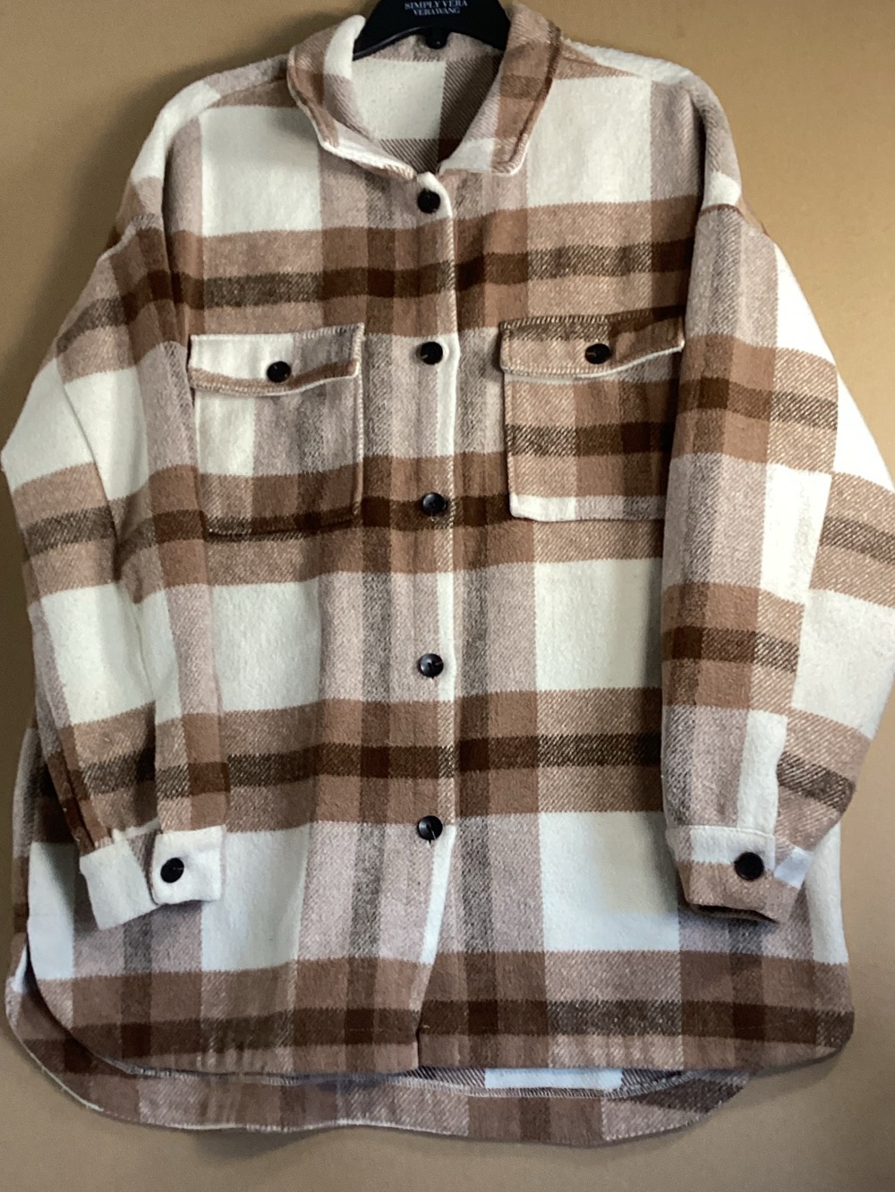 Western Plaid Utility Shacket Jacket - Cream & Brown sz L